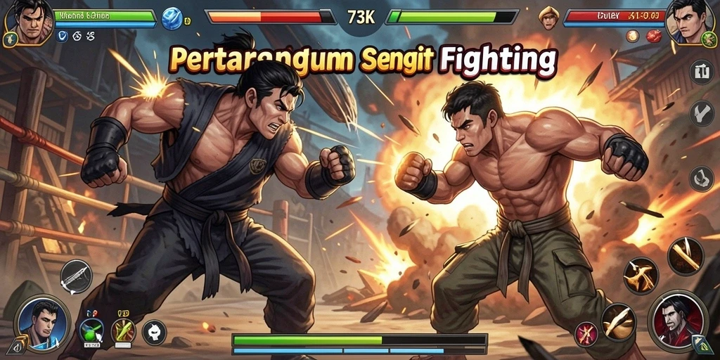 Screenshot gameplay 73K menampilkan pertempuran epik antara karakter bertarung.