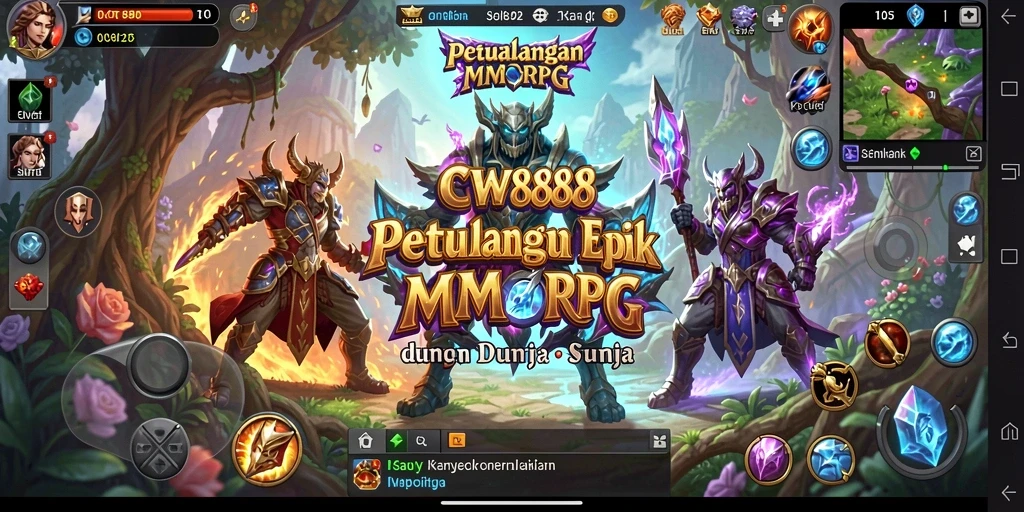Screenshot gameplay CW8888 menunjukkan pertempuran seru dalam dunia MMORPG.