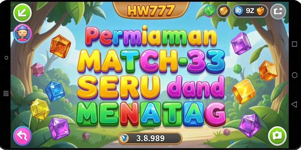 Screenshot HW777 menunjukkan gameplay Match-3 yang menarik dan penuh warna.