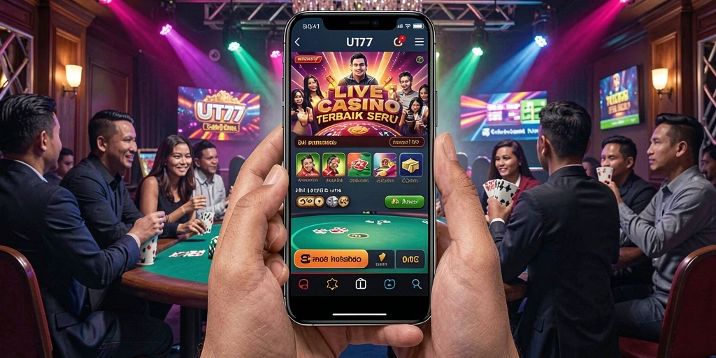 Tampilan screenshot UT77 menampilkan dealer langsung dan meja permainan yang menarik.