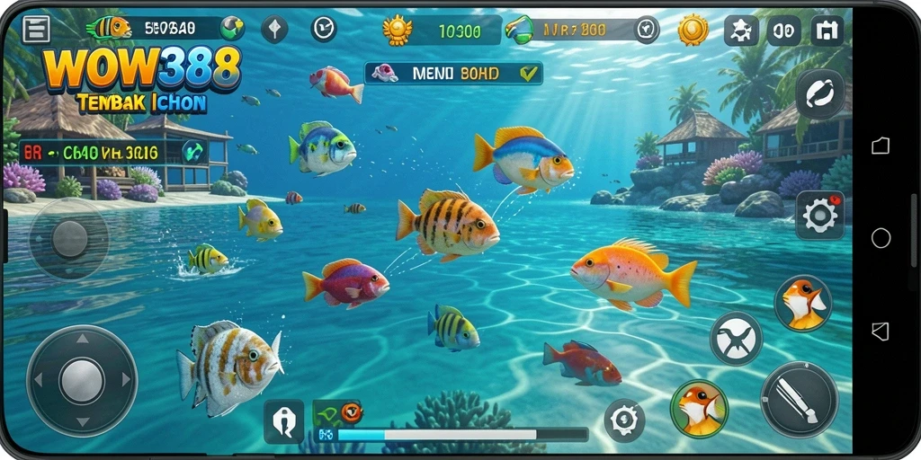 Screenshot menunjukkan aksi menembak ikan di lautan.
